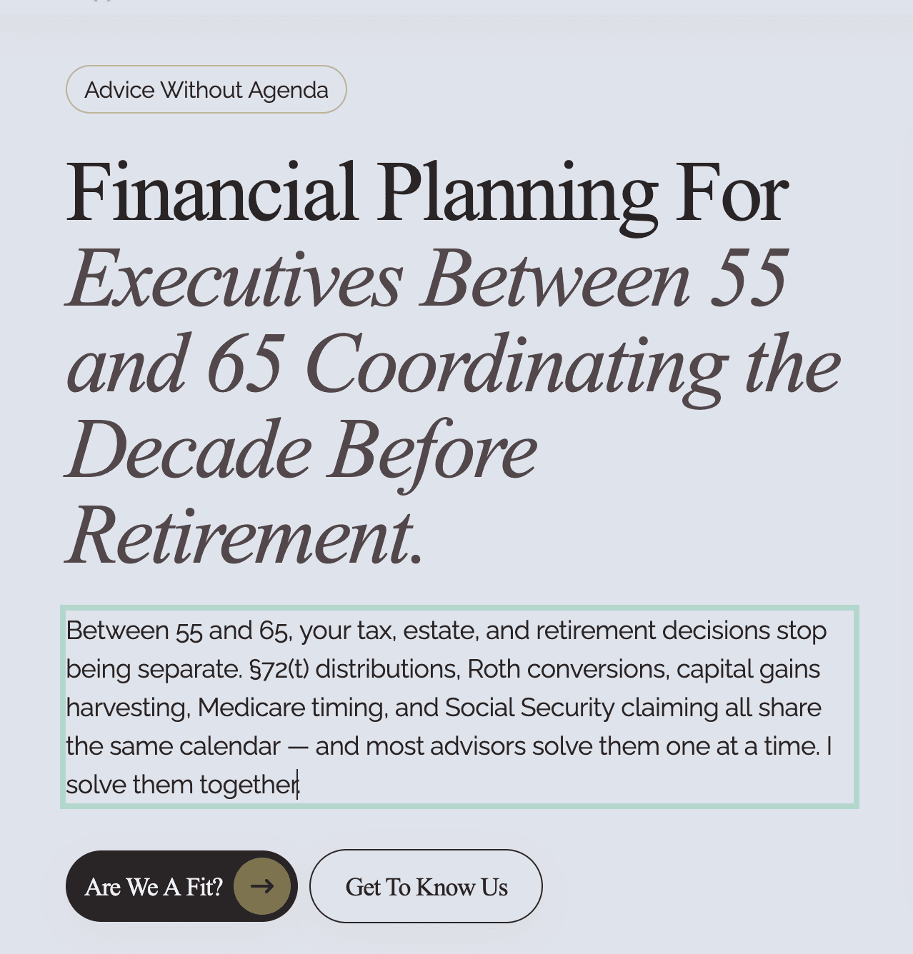 Financial advisor meeting with an executive client to discuss retirement planning.